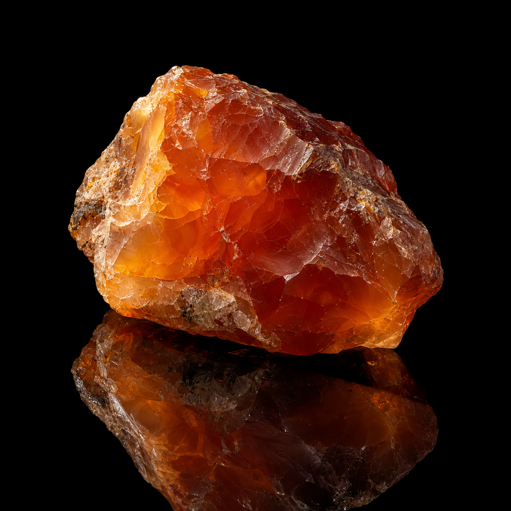 Raw Carnelian specimen on a black reflective surface