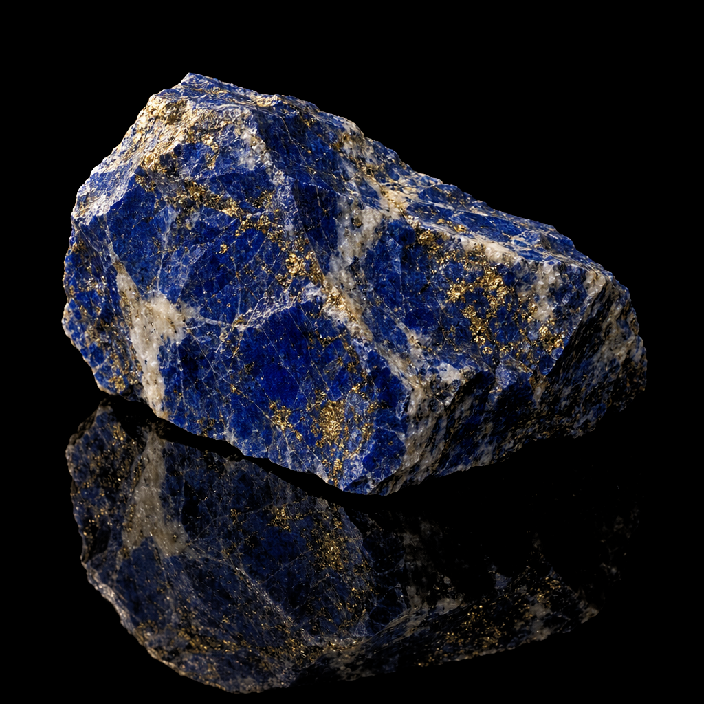 Raw Lapis Lazuli specimen on a black reflective surface