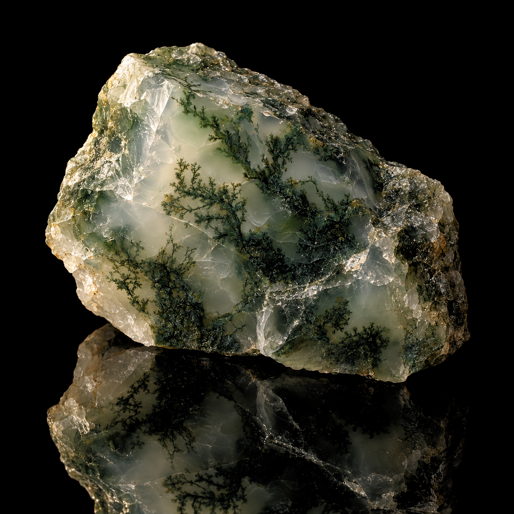 Raw Moss Agate specimen on a black reflective surface