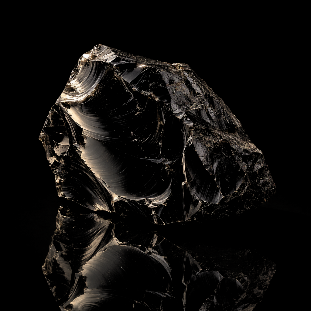 Raw Obsidian specimen on a black reflective surface