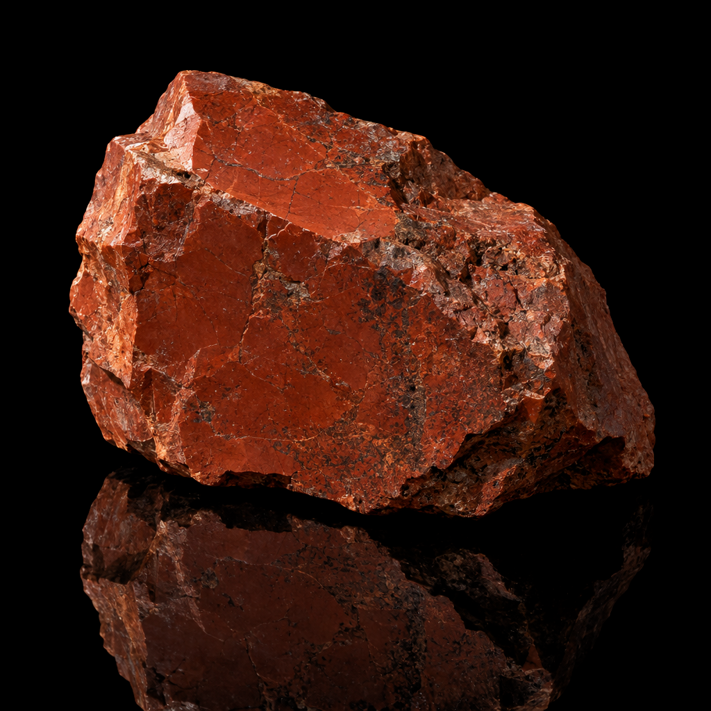 Raw Red Jasper specimen on a black reflective surface