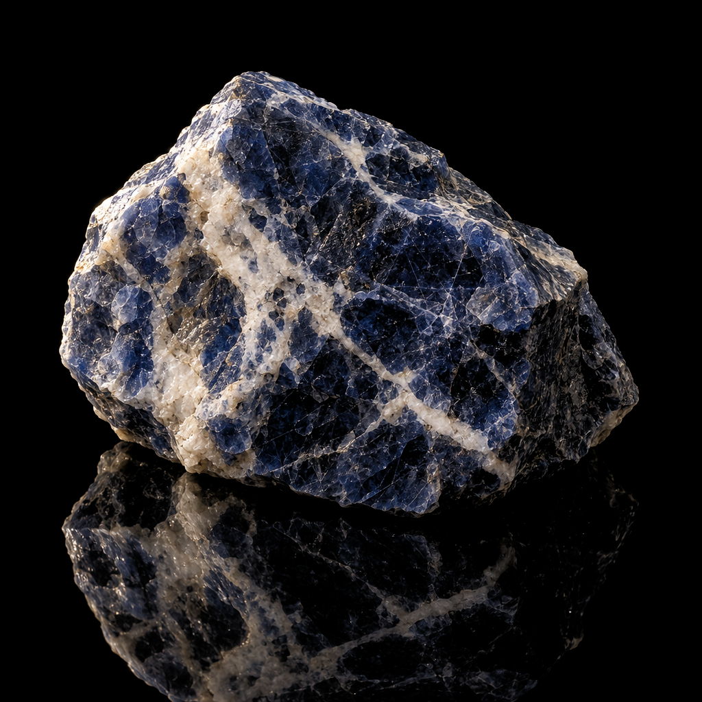 Raw Sodalite specimen on a black reflective surface