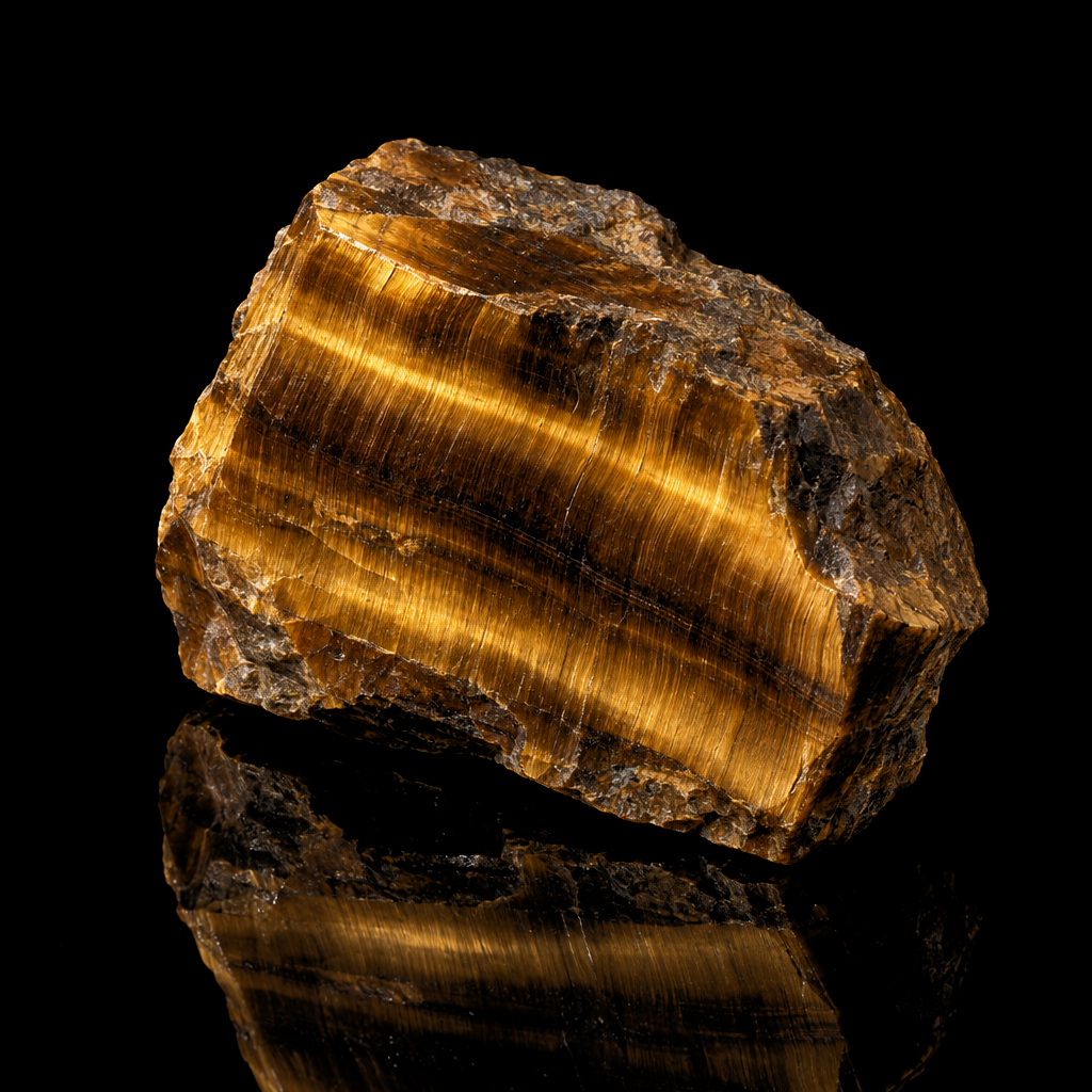 Raw Tiger's Eye specimen on a black reflective surface